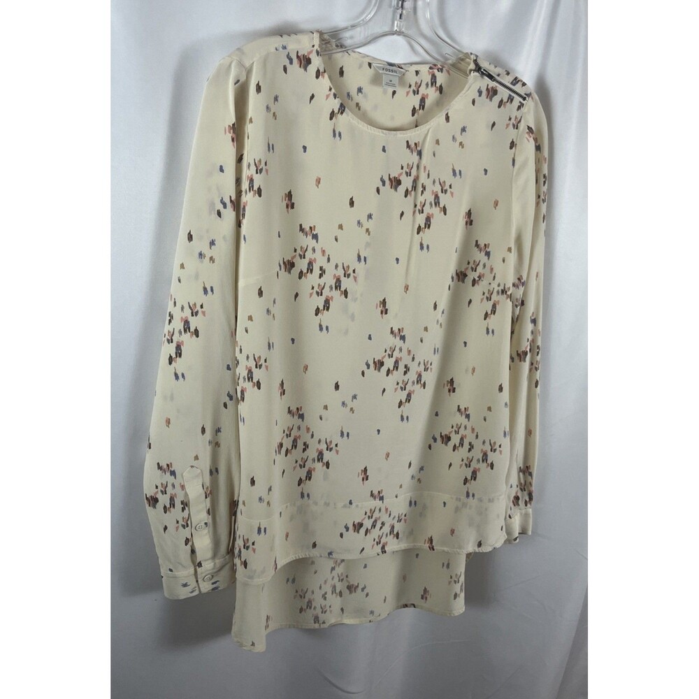 Fossil Women’s Long Sleeve Tunic Blouse Medium Beige Y2K 100% Silk Abstract
